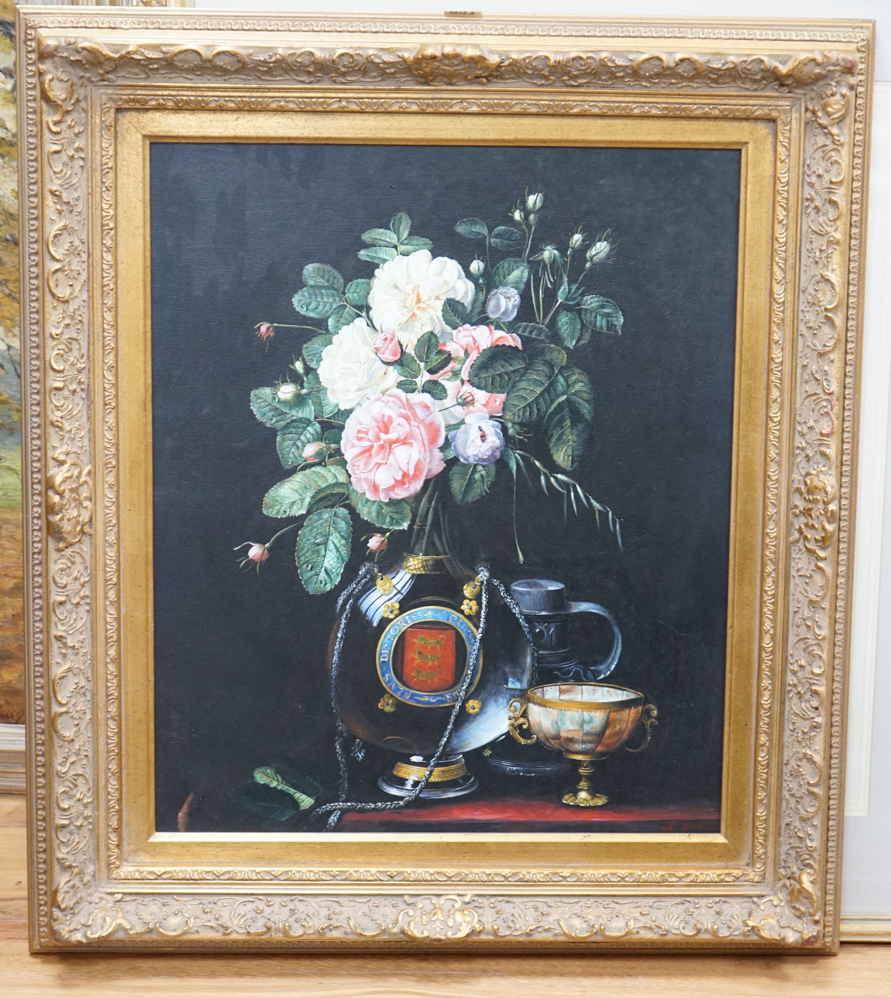 J. Mills, oil on canvas, 17th century style still life of roses in an ornate glass flask, signed, 59 x 49cm